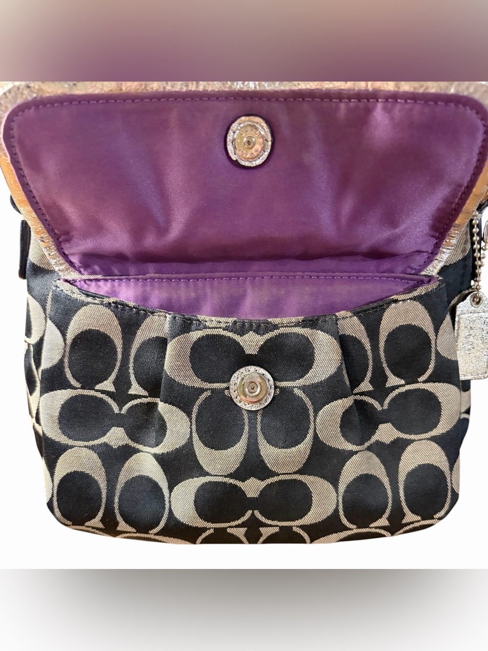 Coach Poppy Signature Pleated Crossbody Bag Black/Grey Metallic Silver - Picture 6 of 9